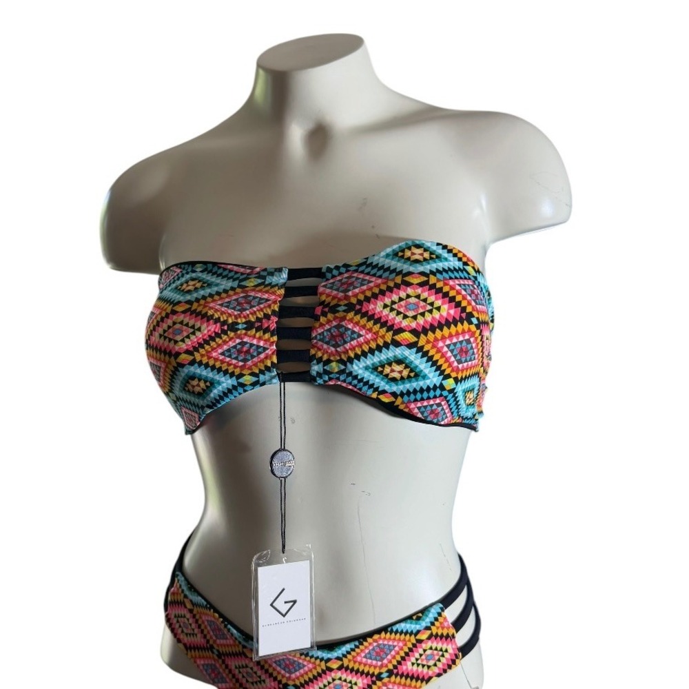 Gigisbikinis Womens Geometric Aztec Print‎ Strappy Bandeau Bikini Set Multicolor